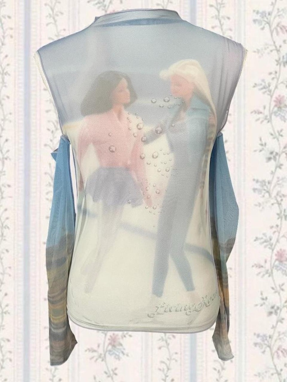 Sheer Printed Barbie Off Shoulder Long-Sleeve Women's Top